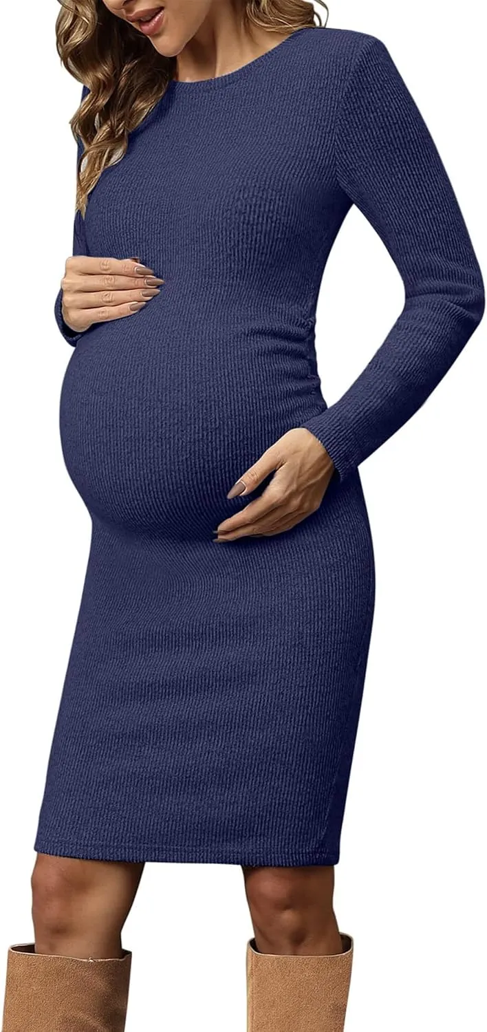 Ribbed Knit Long Sleeve Maternity Sweater Dress with Side Ruching, Maternity Dress for Photoshoot Fall & Winter