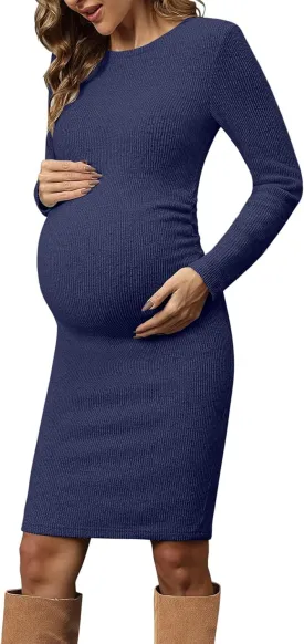 Ribbed Knit Long Sleeve Maternity Sweater Dress with Side Ruching, Maternity Dress for Photoshoot Fall & Winter