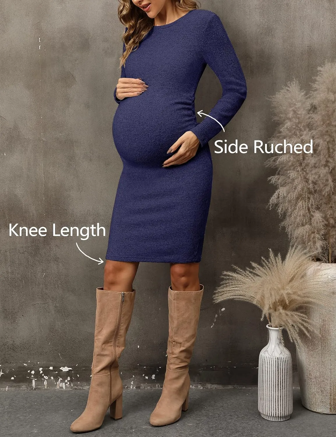 Ribbed Knit Long Sleeve Maternity Sweater Dress with Side Ruching, Maternity Dress for Photoshoot Fall & Winter