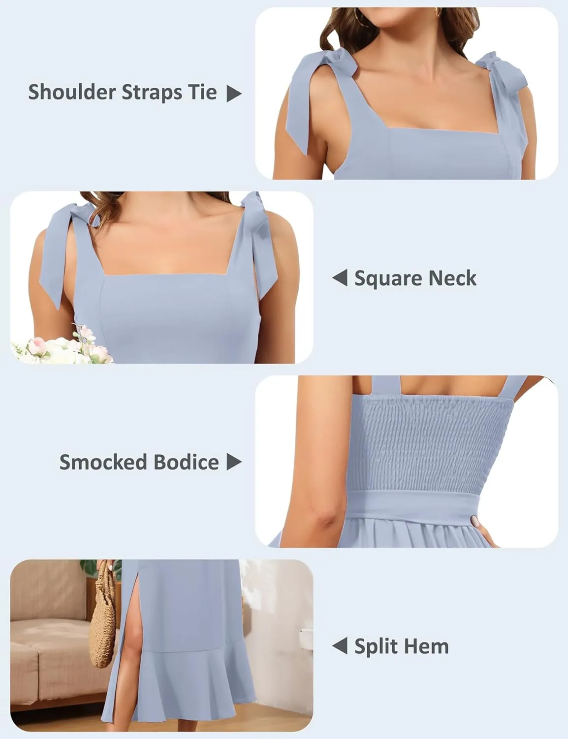 ROYAL MATRIX Women's Midi Dresses for Wedding Guest Semi Formal Dress for Cocktail Party Square Neck Split Bridesmaid Dress