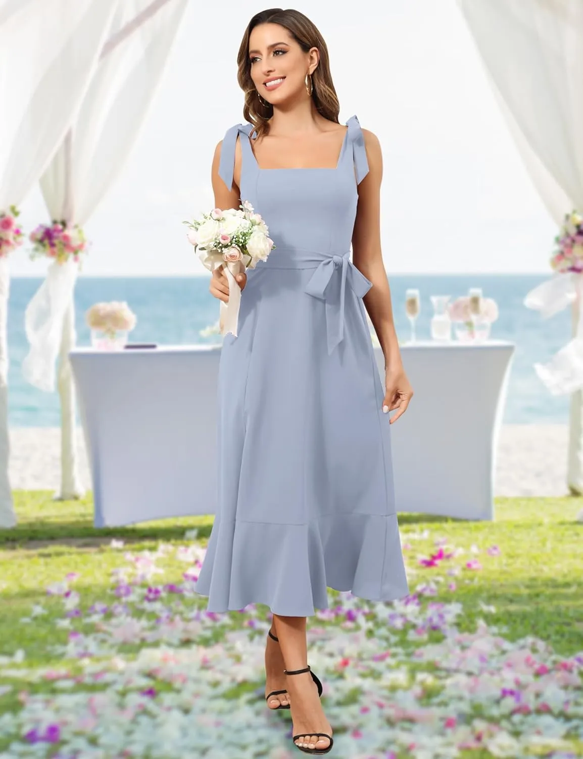 ROYAL MATRIX Women's Midi Dresses for Wedding Guest Semi Formal Dress for Cocktail Party Square Neck Split Bridesmaid Dress