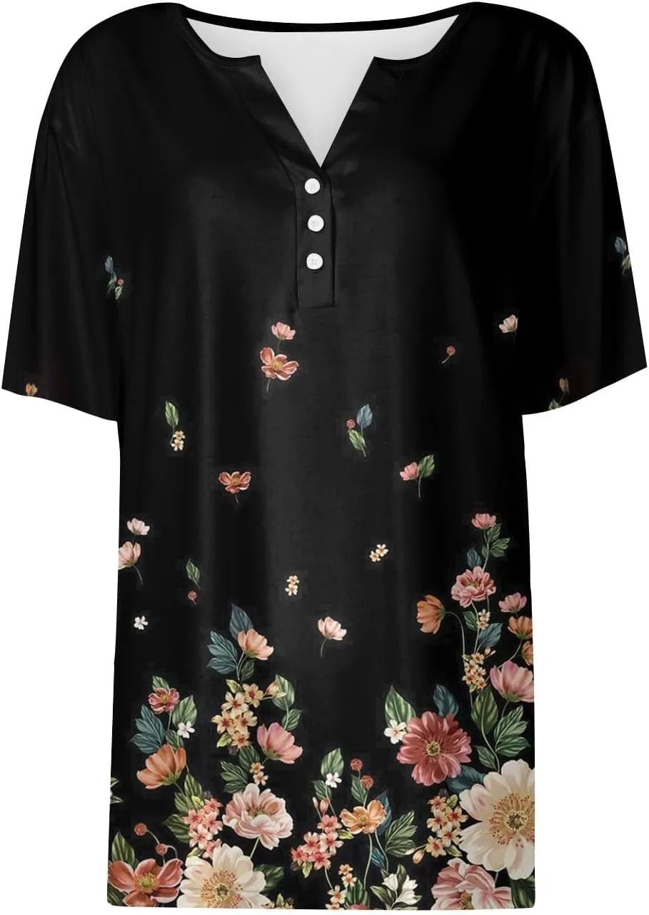 Shirts for Women Trendy Plus Size Short Sleeve Henley Shirt Button Down Holiday Shirts for Women 2025 Dressy