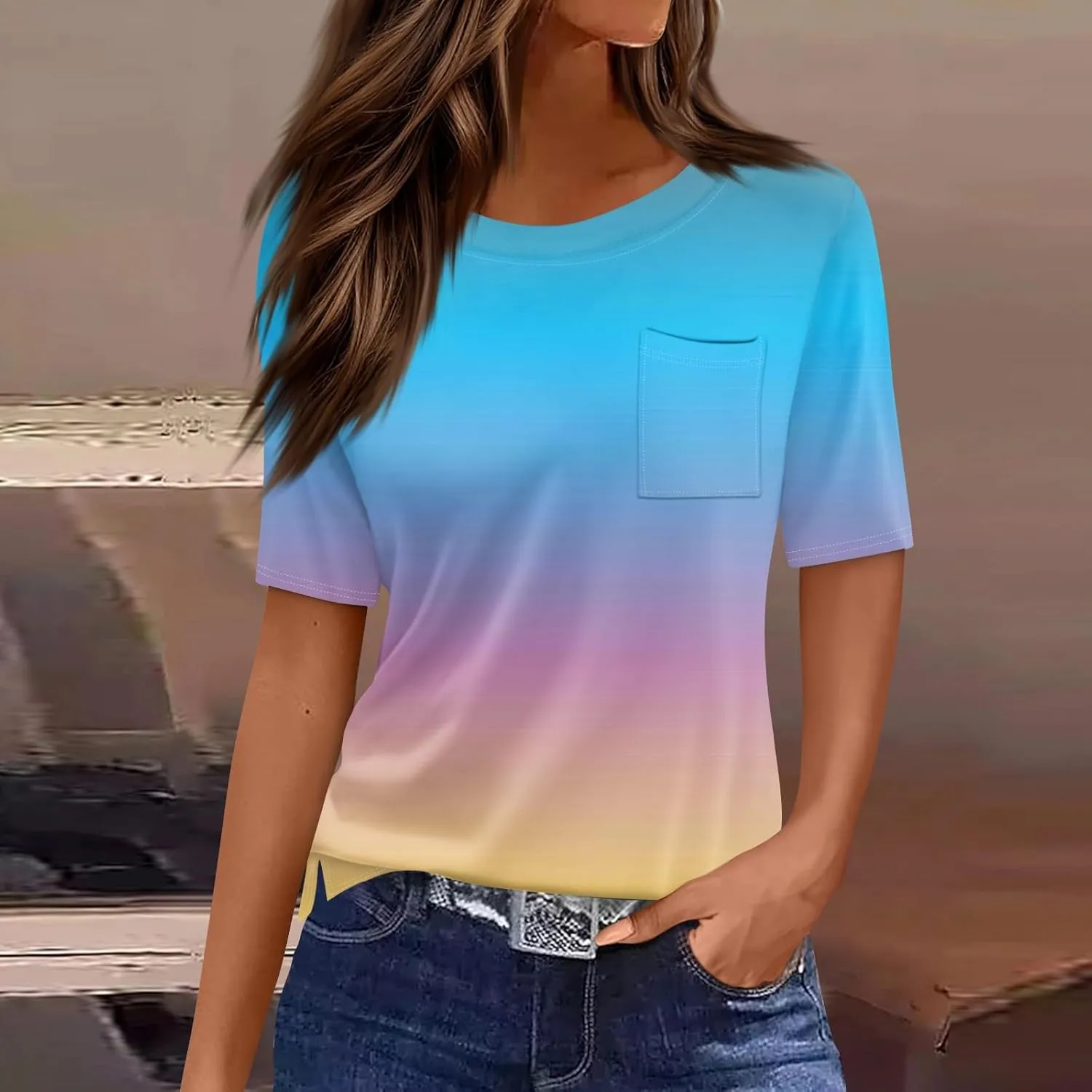 Short Sleeve Shirts for Women Pocket T Shirt Loose Crewneck Plus Size Tops for Women Daily Outfits