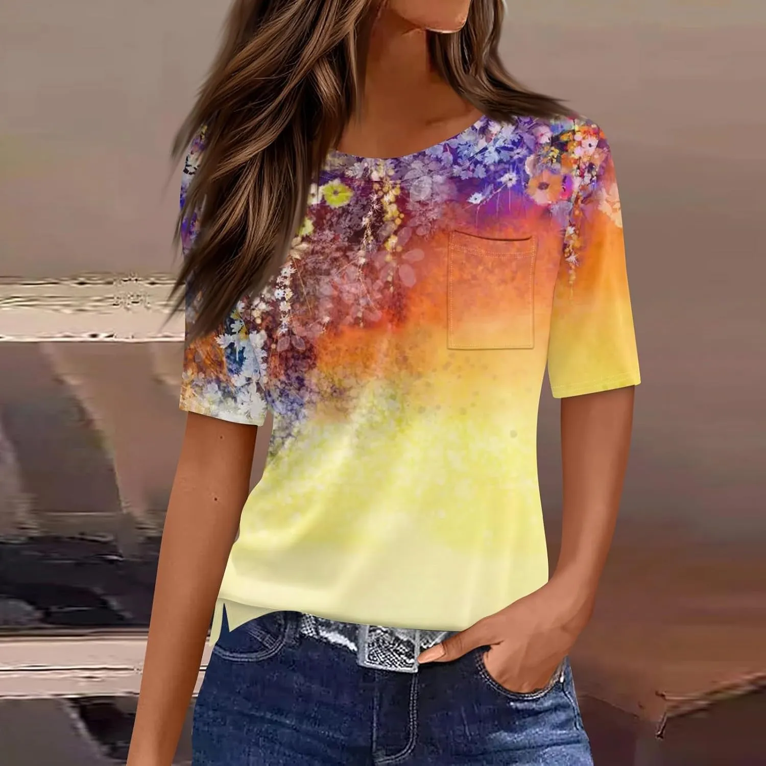 Short Sleeve Shirts for Women Pocket T Shirt Loose Crewneck Plus Size Tops for Women Daily Outfits