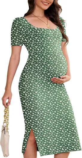 Stretch Maternity Bodycon Dress for Baby Shower,Short Sleeve Maternity Midi Dress for Photoshoot/Casual