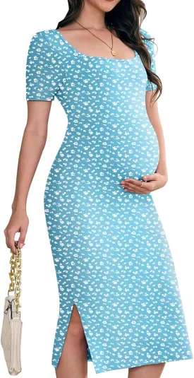 Stretch Maternity Bodycon Dress for Baby Shower,Short Sleeve Maternity Midi Dress for Photoshoot/Casual