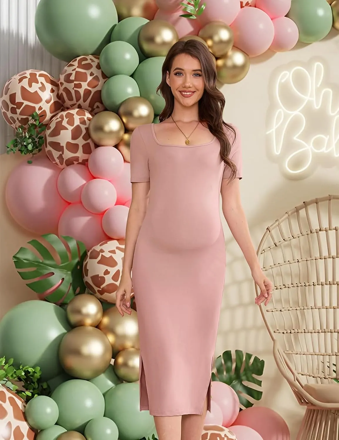 Stretch Maternity Bodycon Dress for Baby Shower,Short Sleeve Maternity Midi Dress for Photoshoot/Casual