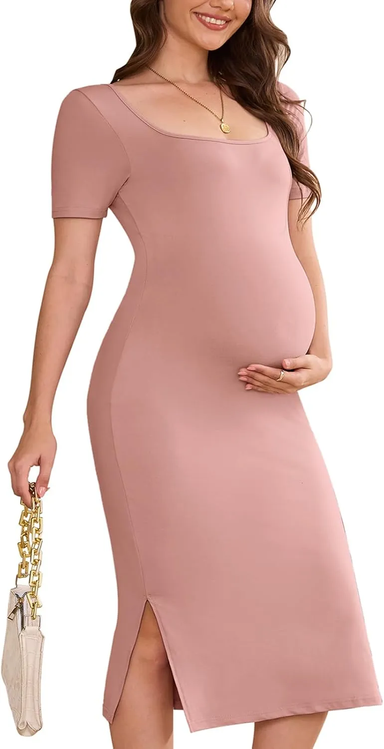 Stretch Maternity Bodycon Dress for Baby Shower,Short Sleeve Maternity Midi Dress for Photoshoot/Casual