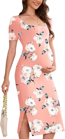 Stretch Maternity Bodycon Dress for Baby Shower,Short Sleeve Maternity Midi Dress for Photoshoot/Casual
