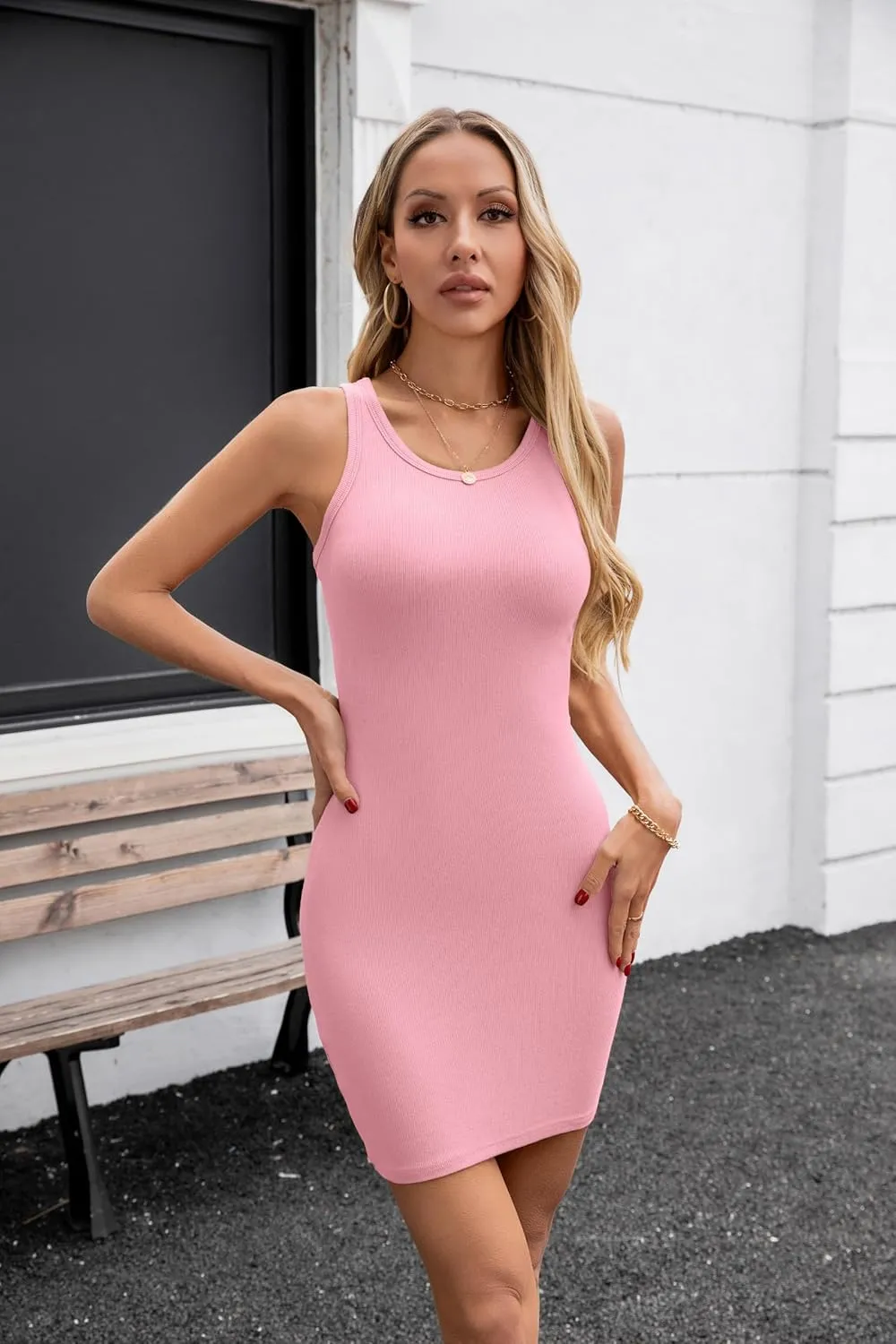 Valiamcep Womens Summer Tank Dress Crewneck Sleeveless Ribbed Knit Slim Fit Bodycon Mini Dresses