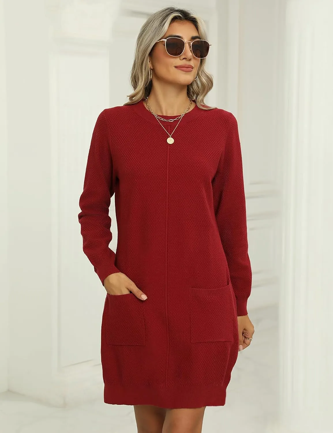 VIMPUNEC Fall Winter Long Sleeve Trendy Sweater Dress for Women Knit Bodycon Mini Dresses with Pockets