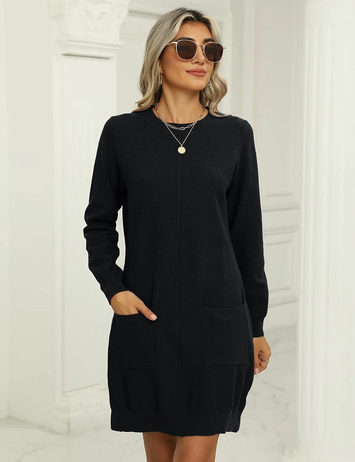 VIMPUNEC Fall Winter Long Sleeve Trendy Sweater Dress for Women Knit Bodycon Mini Dresses with Pockets