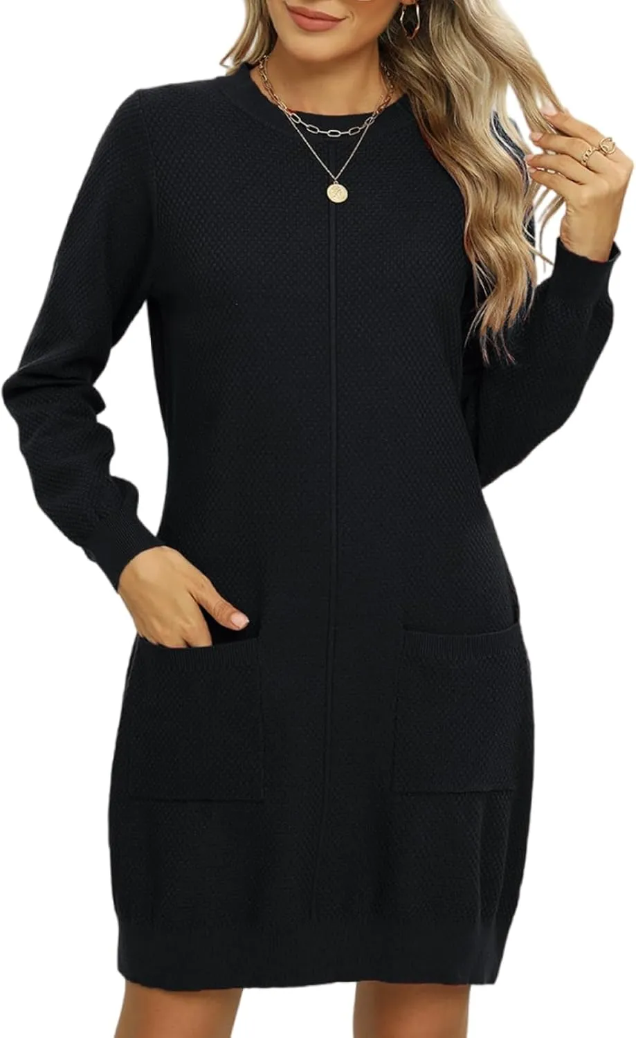 VIMPUNEC Fall Winter Long Sleeve Trendy Sweater Dress for Women Knit Bodycon Mini Dresses with Pockets