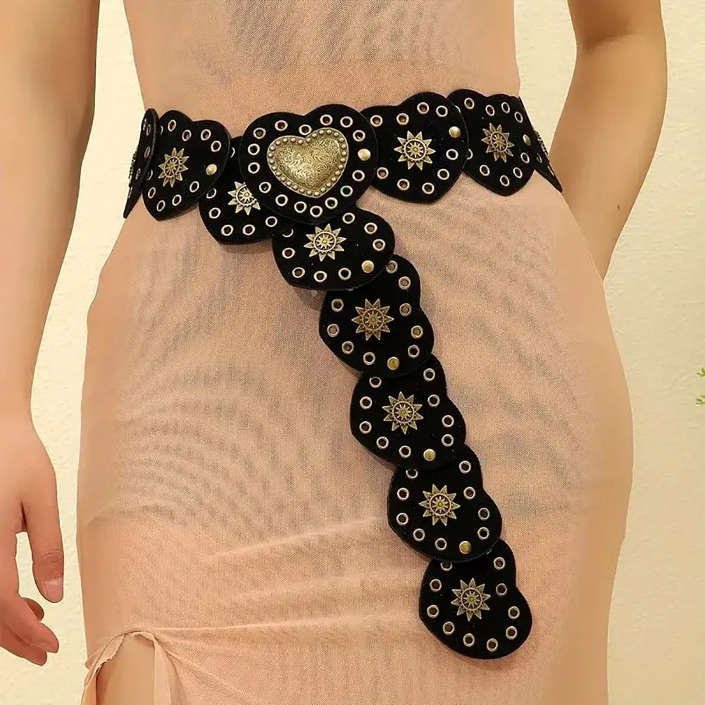Wide Disc Belt for Women Vintage Hollow Boho Leather Belt Western Chunky Waist Belt Cowboy Metal Buckle Concho Belts