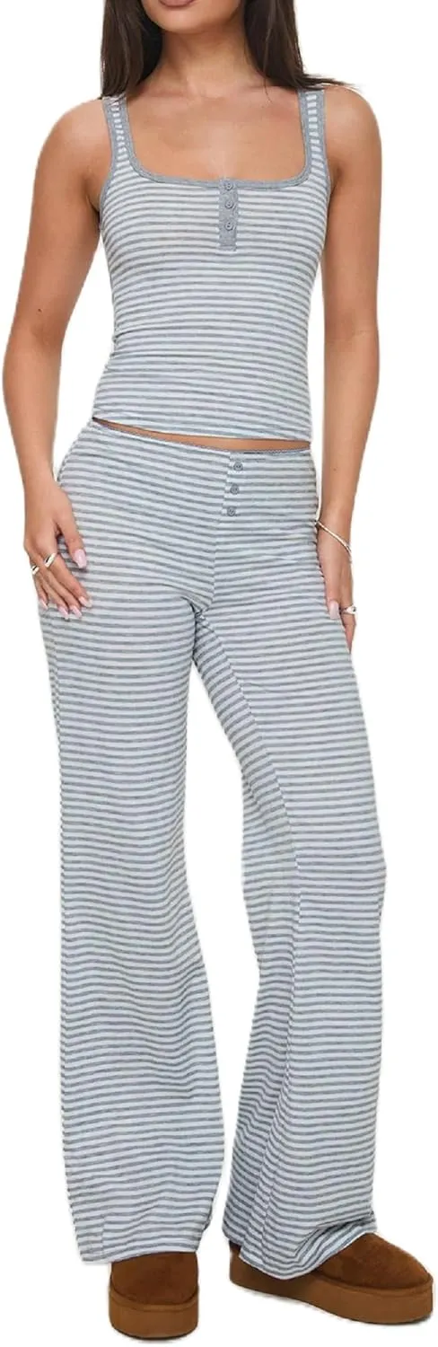 Women Floral 2 Piece Lounge Set Spaghetti Strap Crop Camisole Elastic Waist Wide Leg Pajama Pants Sleepwear