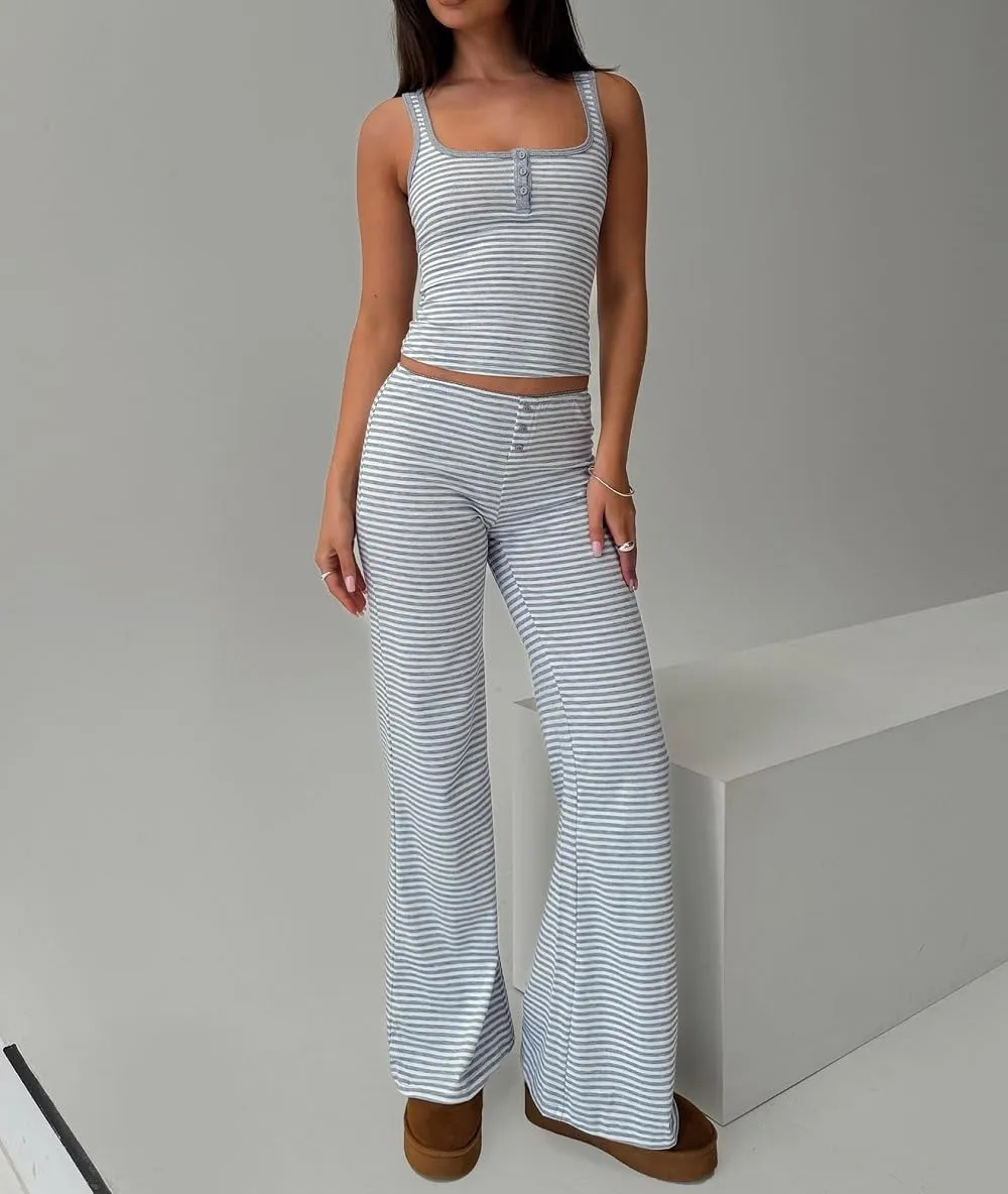 Women Floral 2 Piece Lounge Set Spaghetti Strap Crop Camisole Elastic Waist Wide Leg Pajama Pants Sleepwear