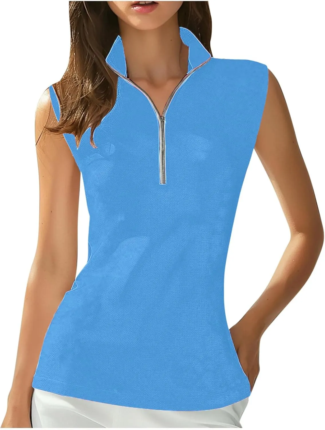 Women Sleeveless Golf Tennis Polo Shirts Zip Up Casual Summer Athletic Workout Tank Tops Breathable Mesh Quick Dry Sports Tee
