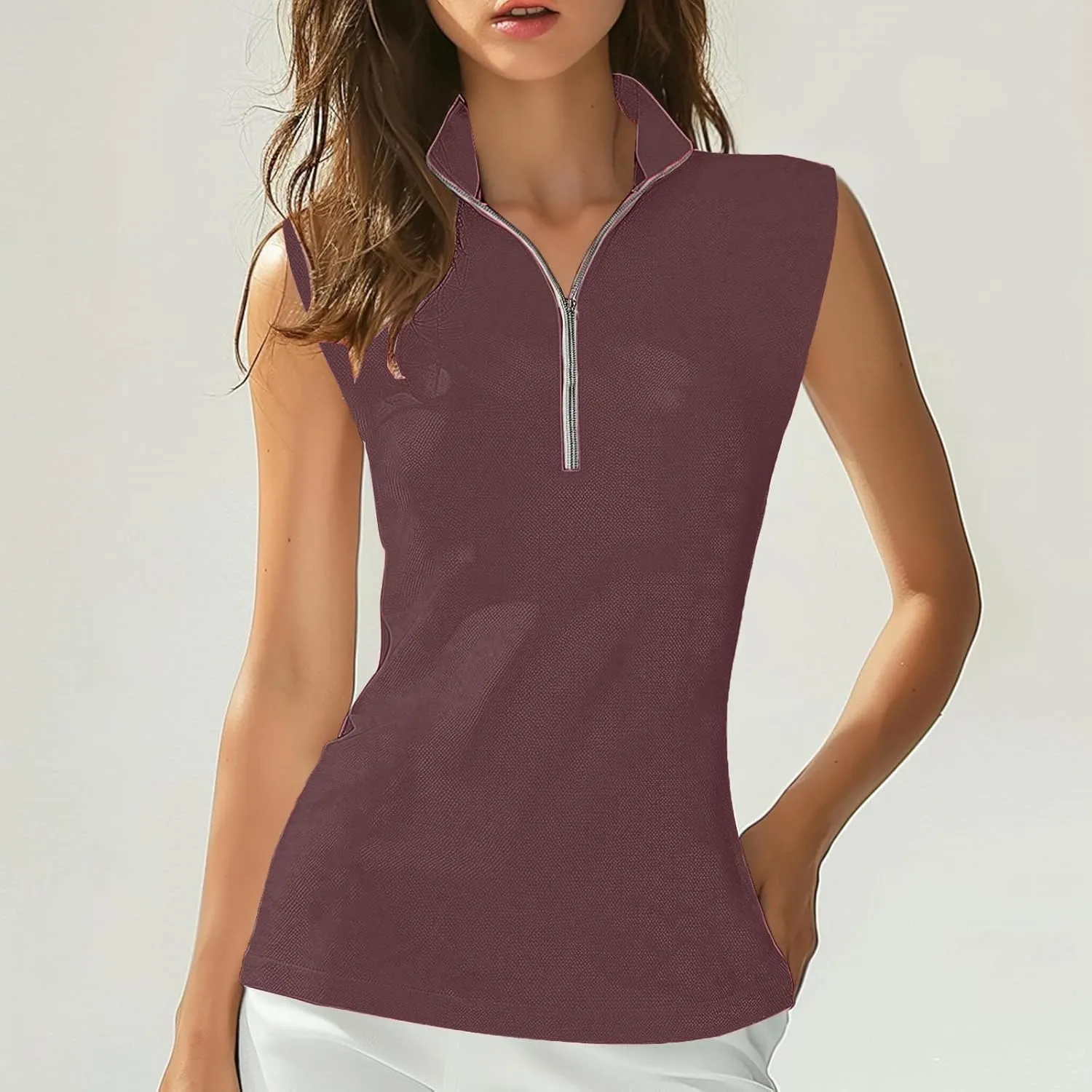 Women Sleeveless Golf Tennis Polo Shirts Zip Up Casual Summer Athletic Workout Tank Tops Breathable Mesh Quick Dry Sports Tee