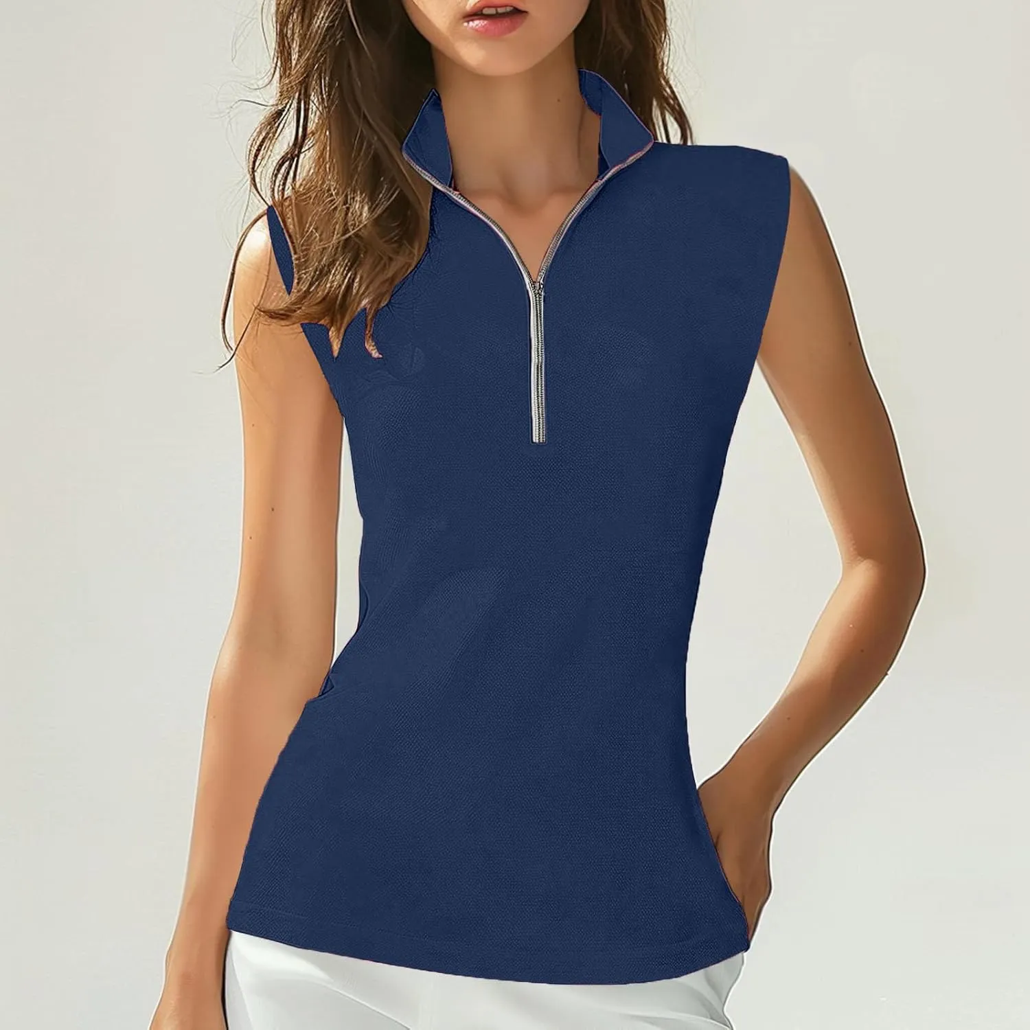 Women Sleeveless Golf Tennis Polo Shirts Zip Up Casual Summer Athletic Workout Tank Tops Breathable Mesh Quick Dry Sports Tee