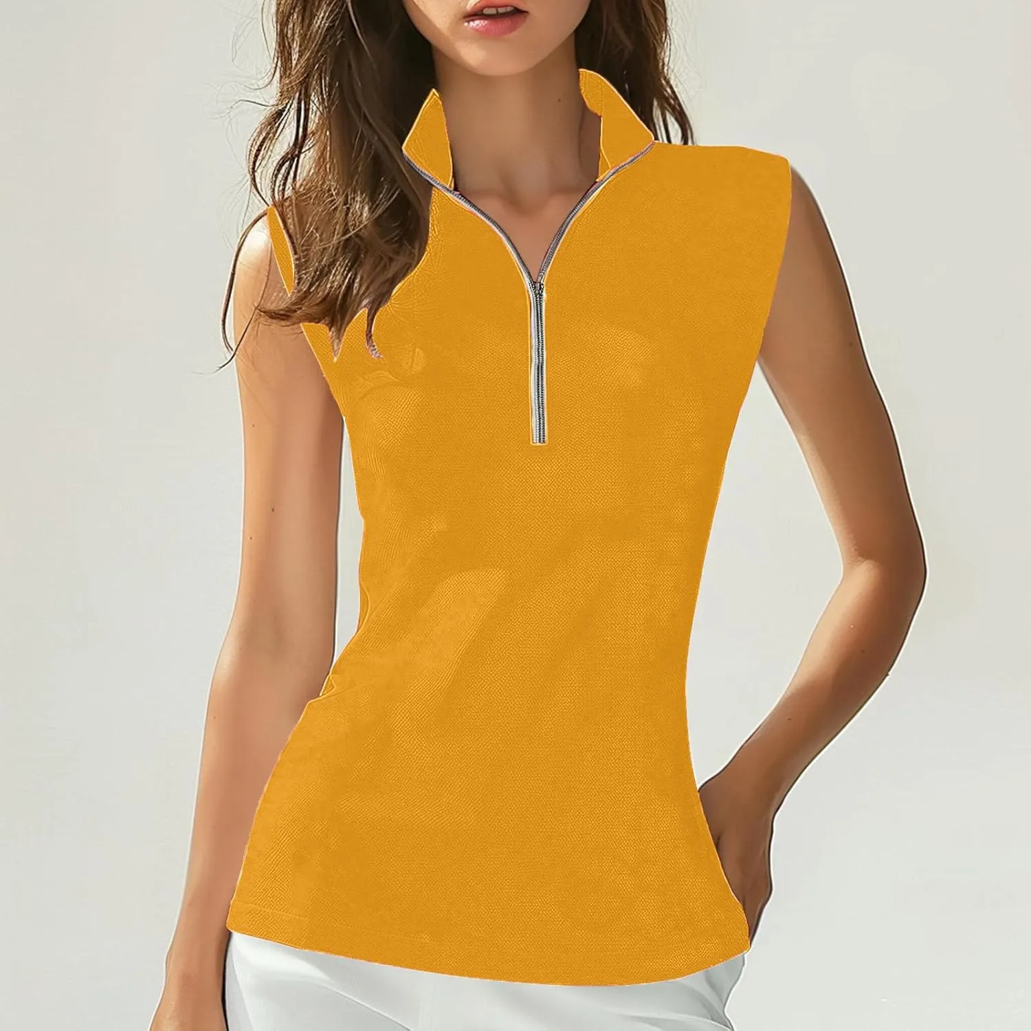 Women Sleeveless Golf Tennis Polo Shirts Zip Up Casual Summer Athletic Workout Tank Tops Breathable Mesh Quick Dry Sports Tee