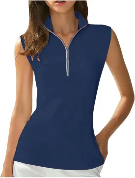 Women Sleeveless Golf Tennis Polo Shirts Zip Up Casual Summer Athletic Workout Tank Tops Breathable Mesh Quick Dry Sports Tee