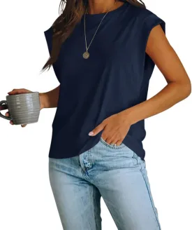 Women's Cap Sleeve Tank Top Crew Neck T Shirts Loose Fit Basic Summer Casual Tee Tops
