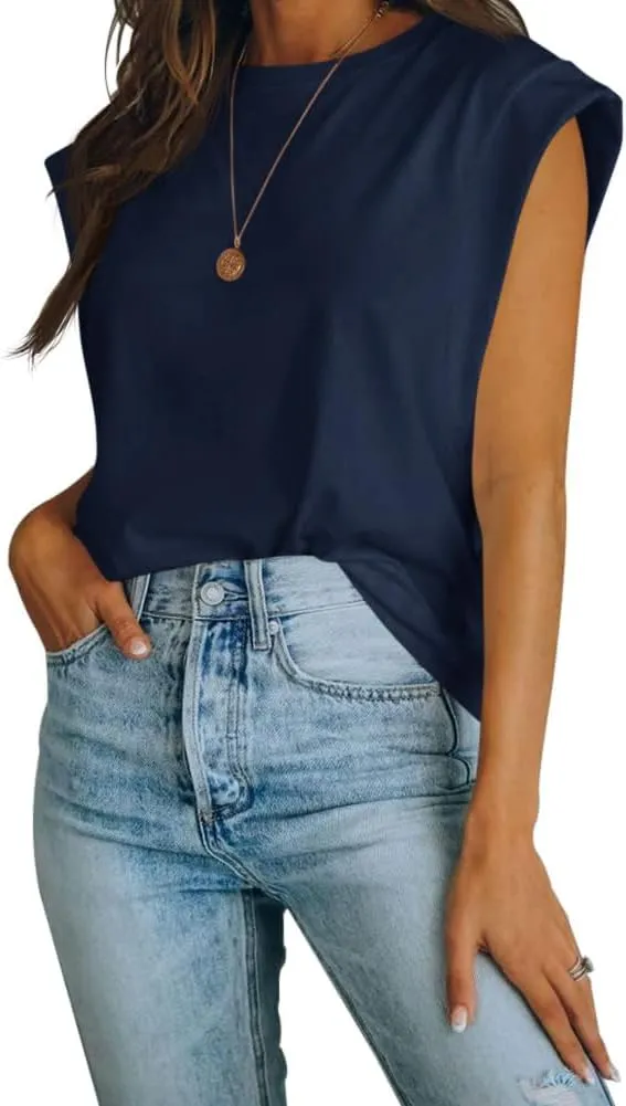 Women's Cap Sleeve Tank Top Crew Neck T Shirts Loose Fit Basic Summer Casual Tee Tops