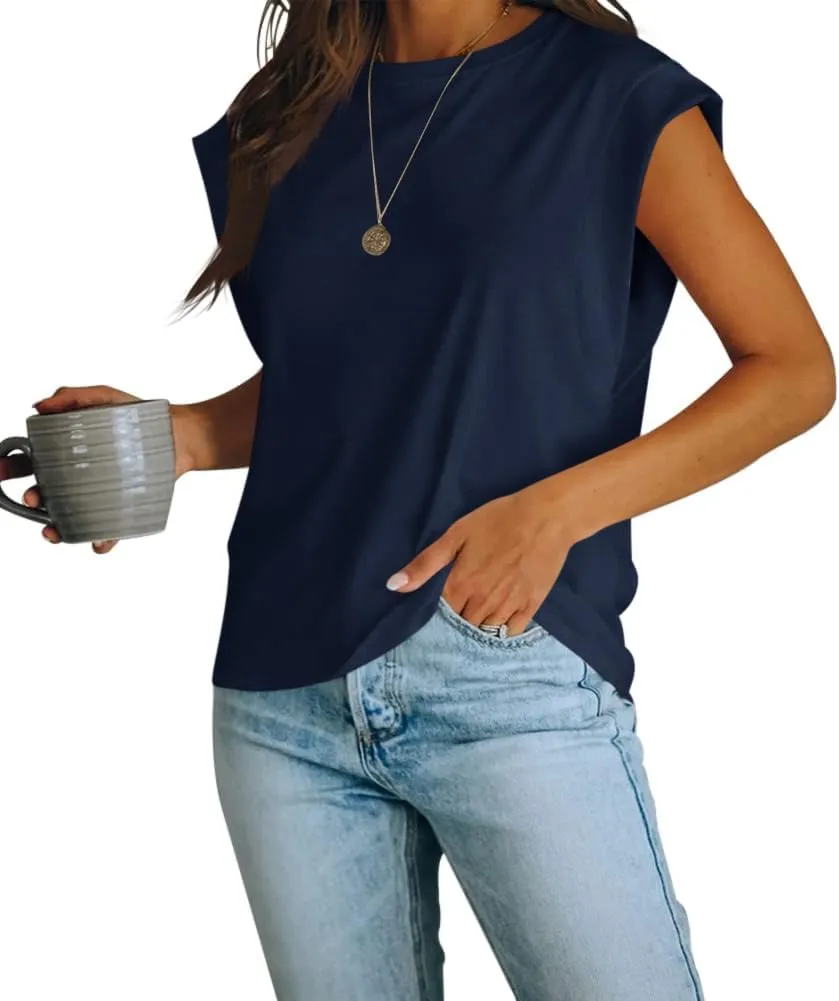 Women's Cap Sleeve Tank Top Crew Neck T Shirts Loose Fit Basic Summer Casual Tee Tops