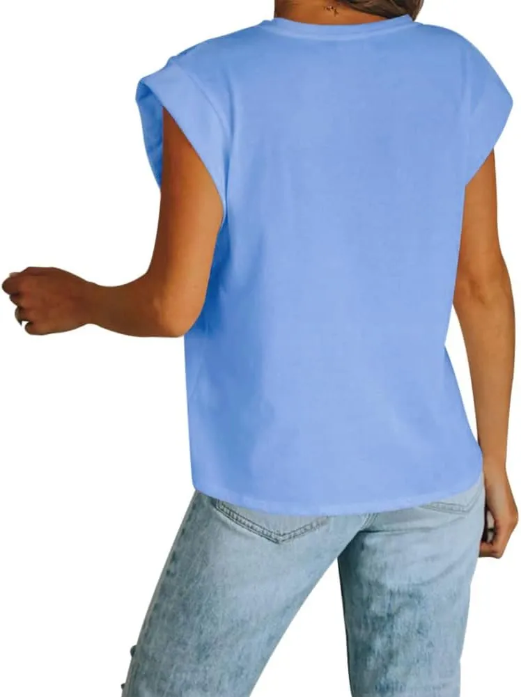 Women's Cap Sleeve Tank Top Crew Neck T Shirts Loose Fit Basic Summer Casual Tee Tops