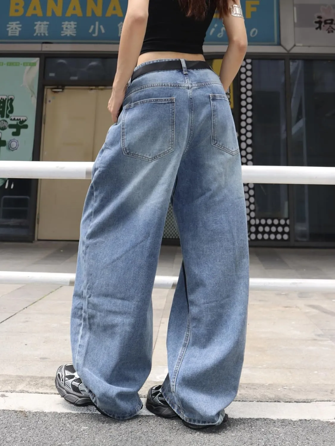 Womens High Waist Baggy Jeans Wide Leg Denim Pants Y2k Hip Hop Casual Loose Long Trousers Streetwear