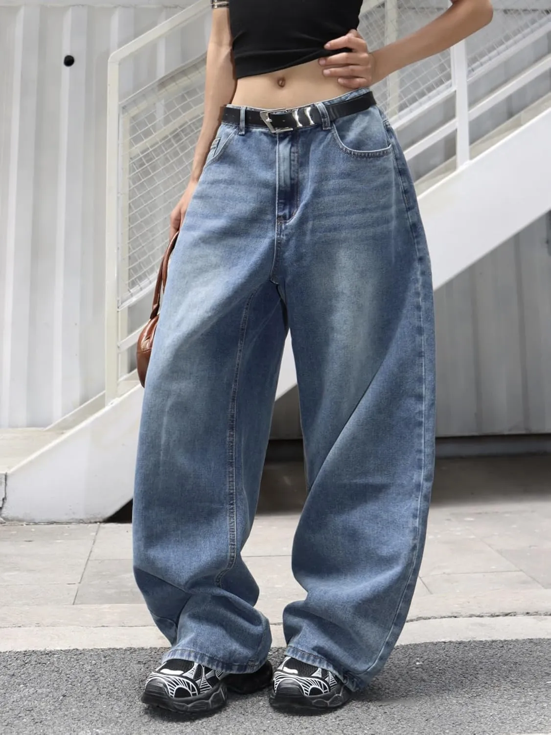 Womens High Waist Baggy Jeans Wide Leg Denim Pants Y2k Hip Hop Casual Loose Long Trousers Streetwear