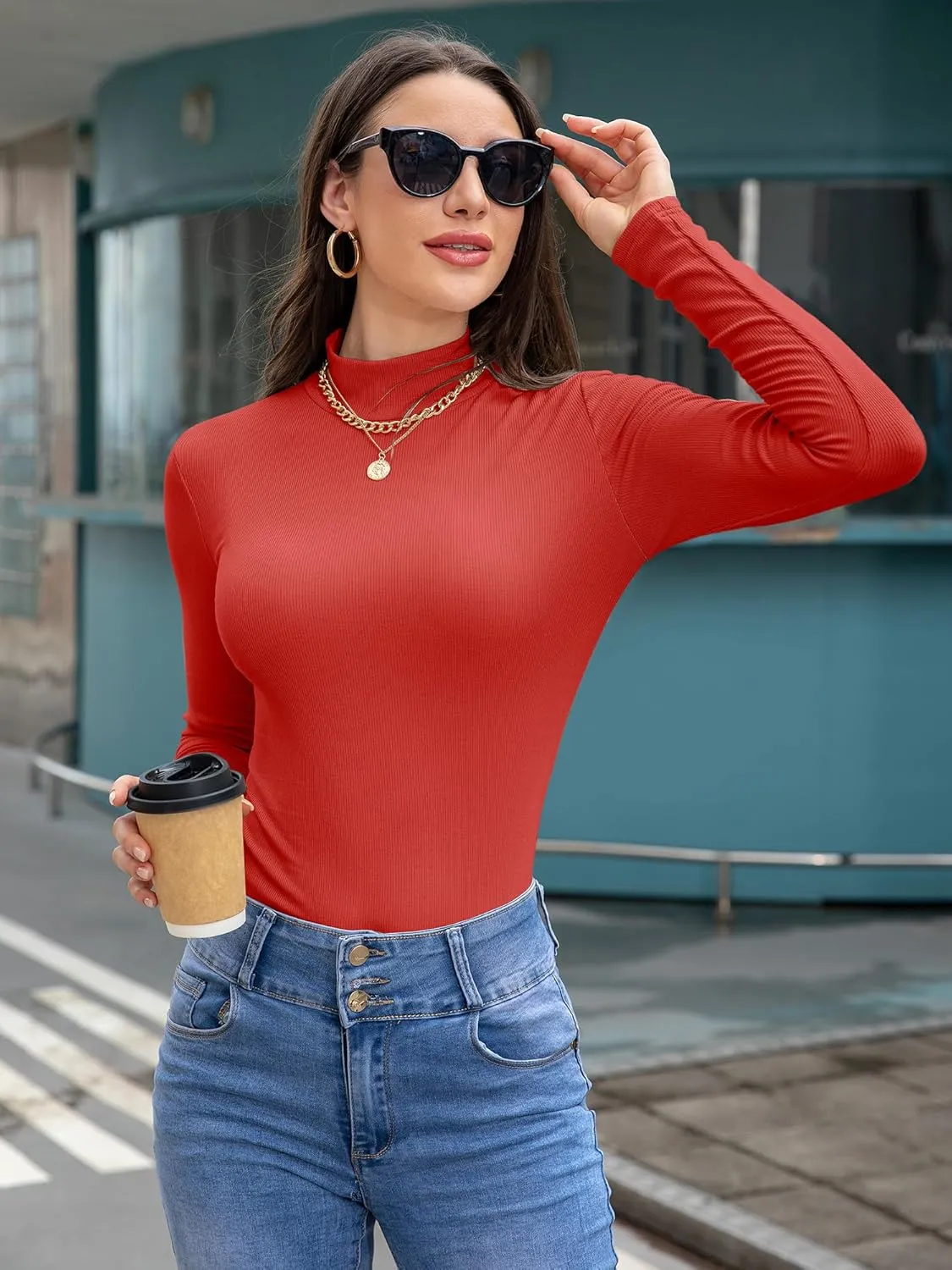 Womens Mock Turtle Necks Tops Fall Winter Fitted Shirts for Women 2024