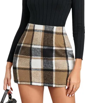 Womens Plaid Skirts High Waist Pencil Skirt Bodycon Mini Skirt Fall Winter Outfits for Women