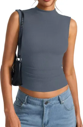 Women's Sleeveless Mock Turtle Neck Tops Fitted Ribbed Tank Top Basic Summer Shirts Spring Outfits 2025