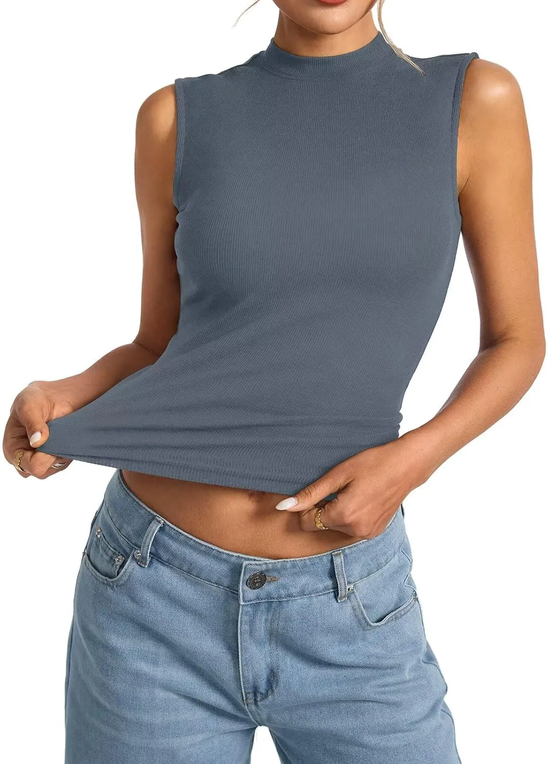 Women's Sleeveless Mock Turtle Neck Tops Fitted Ribbed Tank Top Basic Summer Shirts Spring Outfits 2025