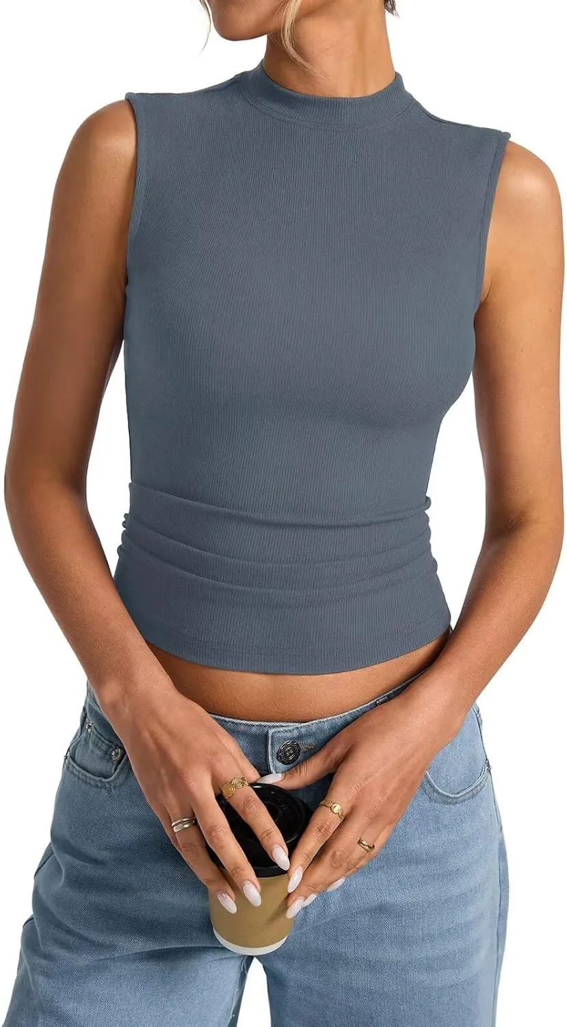 Women's Sleeveless Mock Turtle Neck Tops Fitted Ribbed Tank Top Basic Summer Shirts Spring Outfits 2025