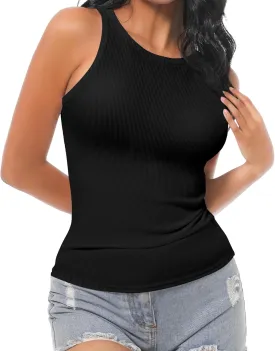 Womens Sleeveless Ribbed Fitted Tank Top Racerback Crew Neck Casual Vest
