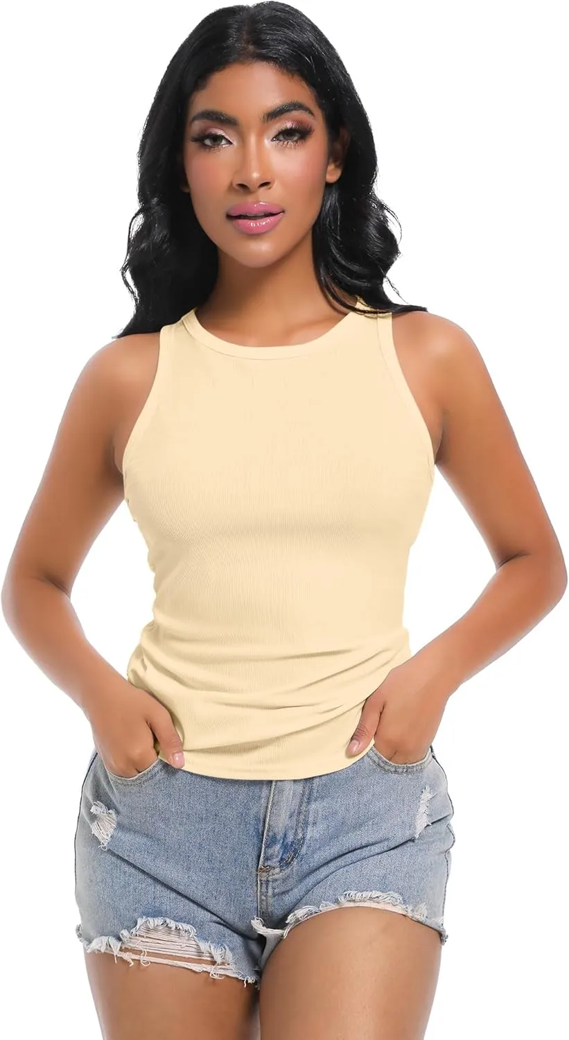 Womens Sleeveless Ribbed Fitted Tank Top Racerback Crew Neck Casual Vest