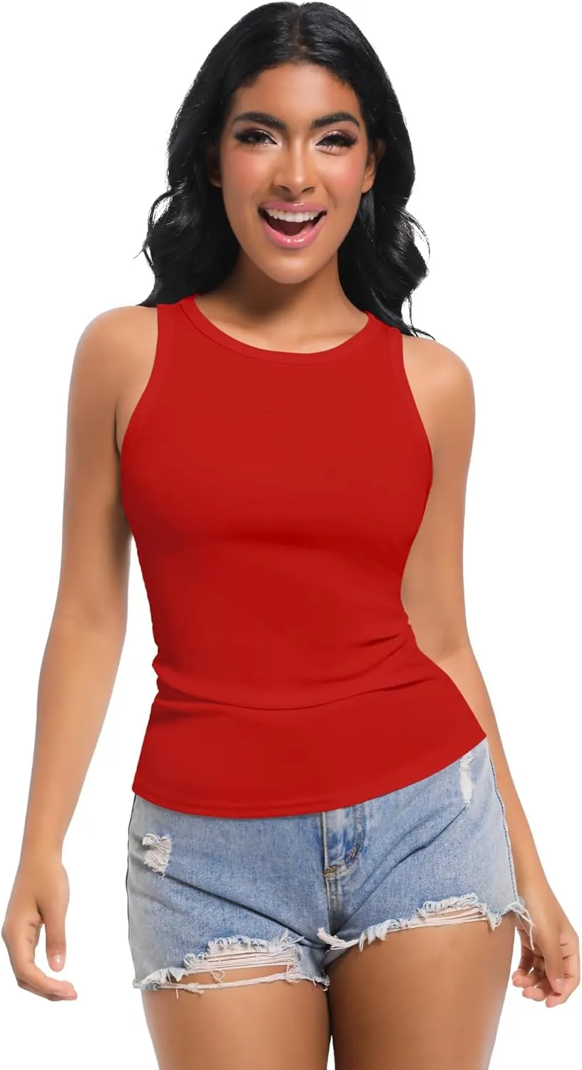 Womens Sleeveless Ribbed Fitted Tank Top Racerback Crew Neck Casual Vest