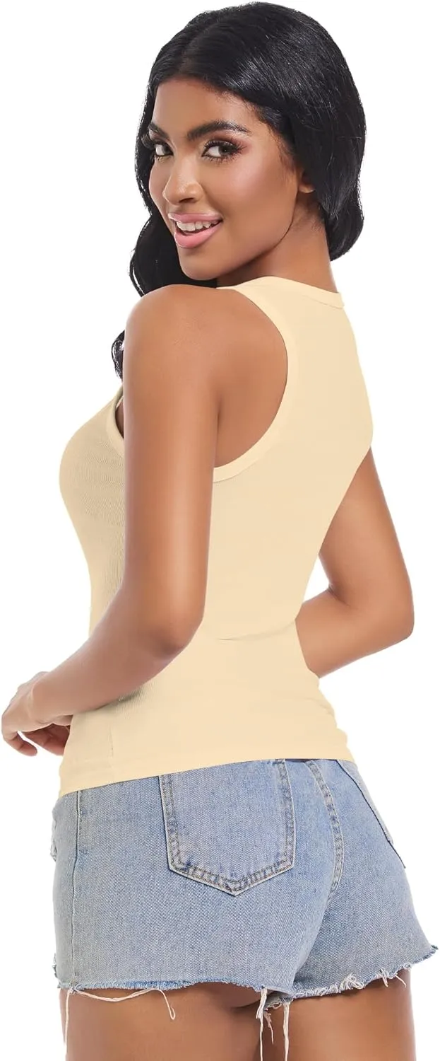 Womens Sleeveless Ribbed Fitted Tank Top Racerback Crew Neck Casual Vest