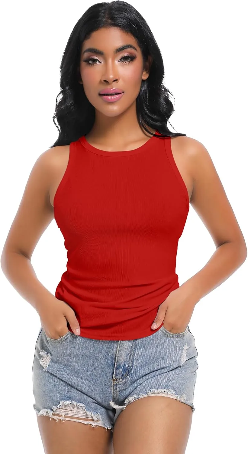 Womens Sleeveless Ribbed Fitted Tank Top Racerback Crew Neck Casual Vest