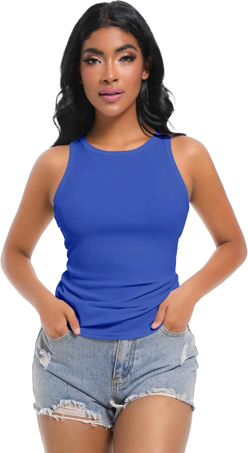 Womens Sleeveless Ribbed Fitted Tank Top Racerback Crew Neck Casual Vest