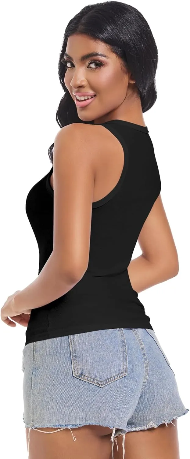 Womens Sleeveless Ribbed Fitted Tank Top Racerback Crew Neck Casual Vest