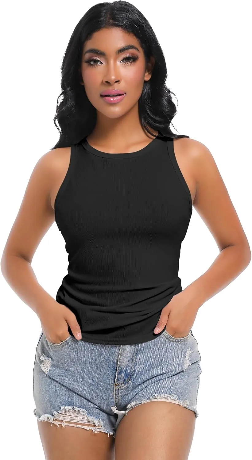Womens Sleeveless Ribbed Fitted Tank Top Racerback Crew Neck Casual Vest