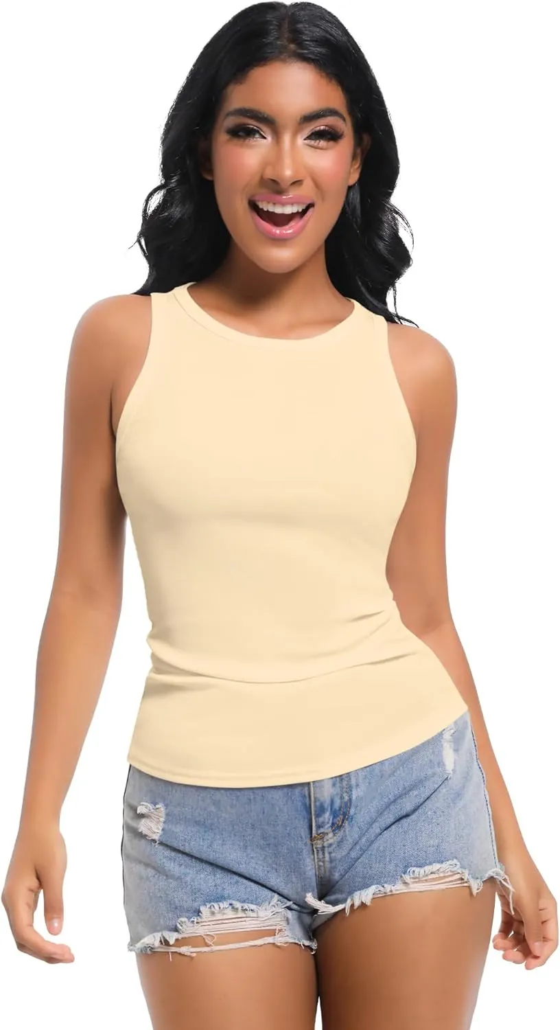 Womens Sleeveless Ribbed Fitted Tank Top Racerback Crew Neck Casual Vest