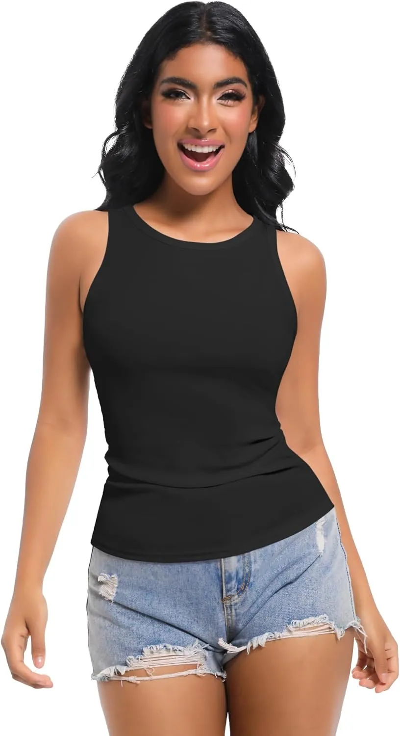 Womens Sleeveless Ribbed Fitted Tank Top Racerback Crew Neck Casual Vest
