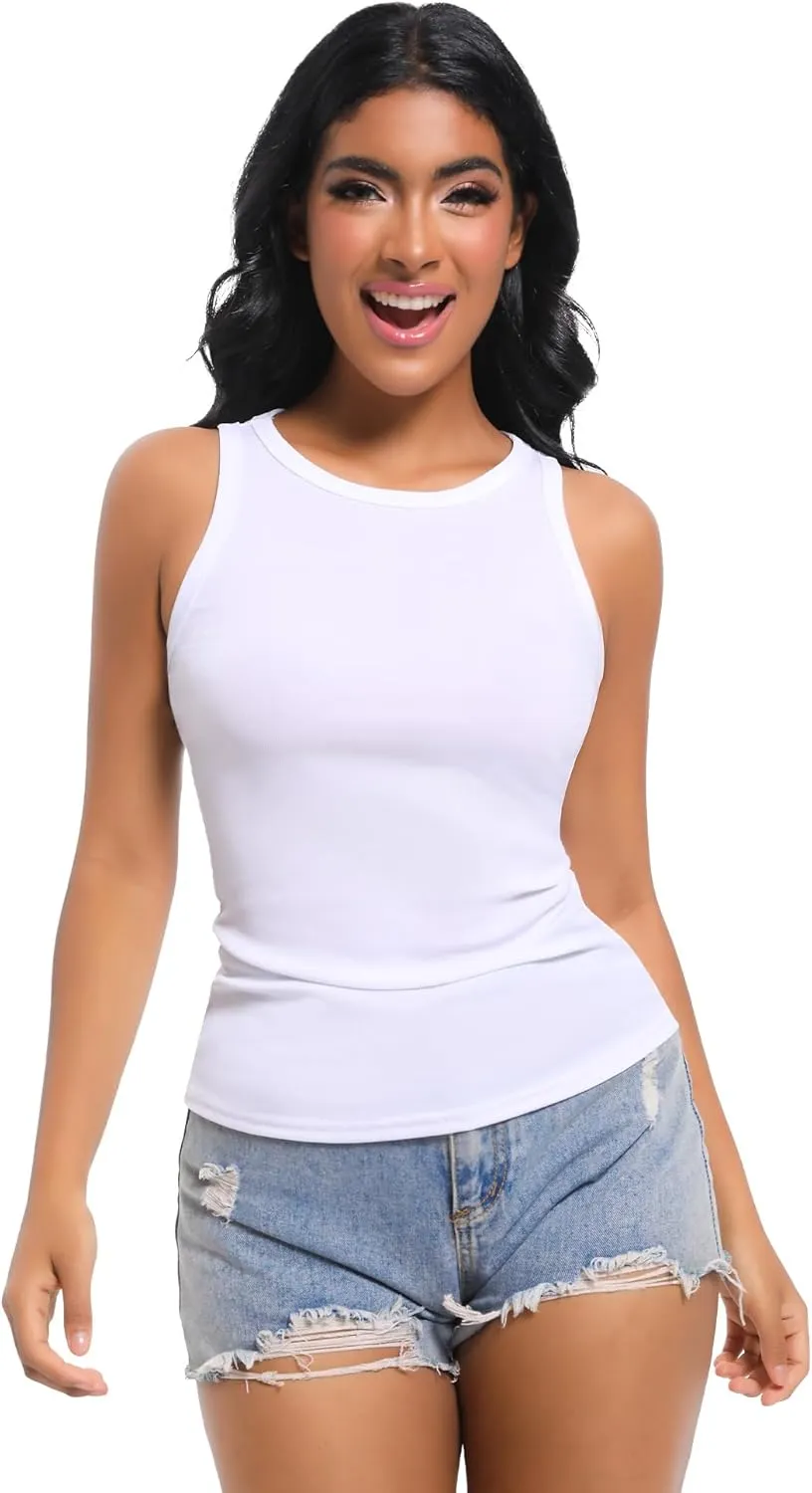 Womens Sleeveless Ribbed Fitted Tank Top Racerback Crew Neck Casual Vest