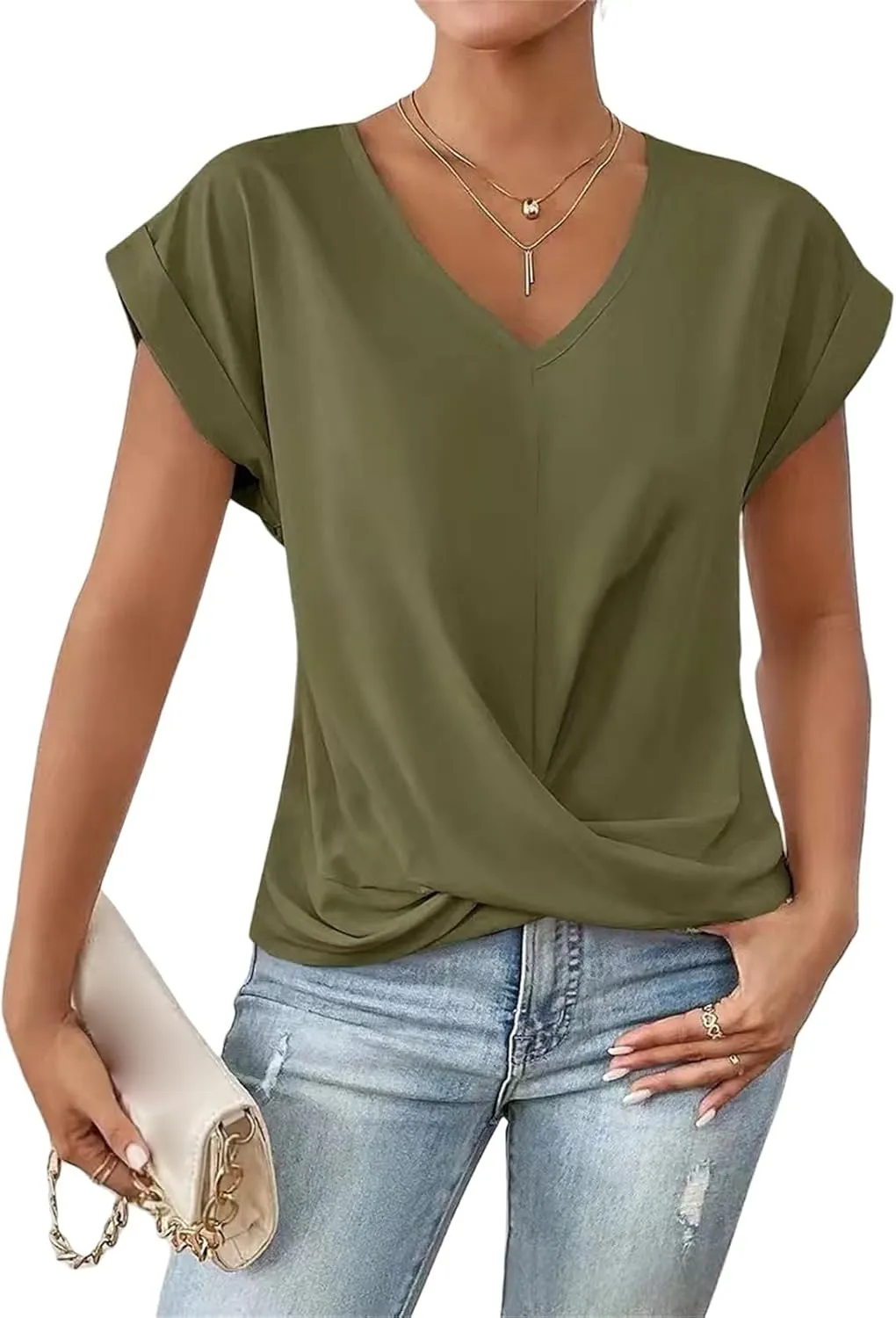 Womens Summer Tops Twist Front Shirt Cap Sleeve V Neck t-Shirts Casual Dressy Shirts Loose Fit tees Elegant Blouses