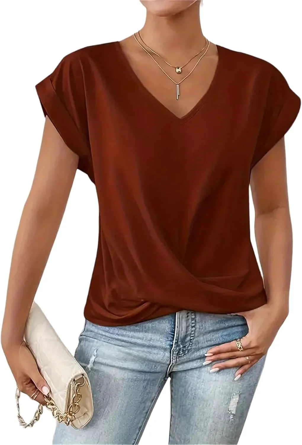 Womens Summer Tops Twist Front Shirt Cap Sleeve V Neck t-Shirts Casual Dressy Shirts Loose Fit tees Elegant Blouses
