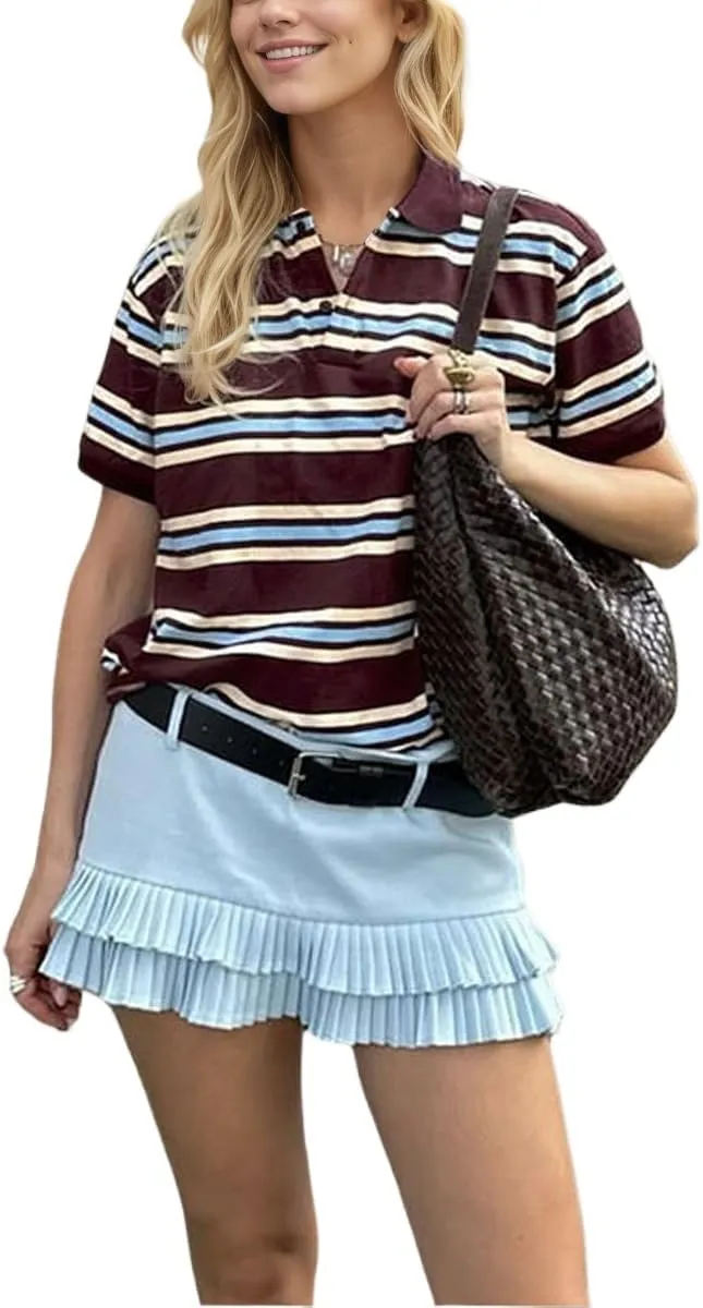 Women's Y2K Striped Rugby Shirt Collared Neck Button Up Polo Short Sleeve Vintage Tee Preppy Grunge Streetwear Top